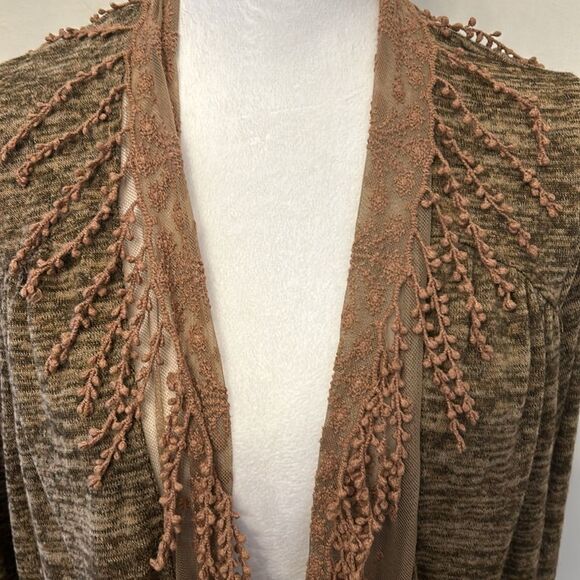 One World brown long floral mesh fringed open cardigan Size L EUC - Picture 3 of 10